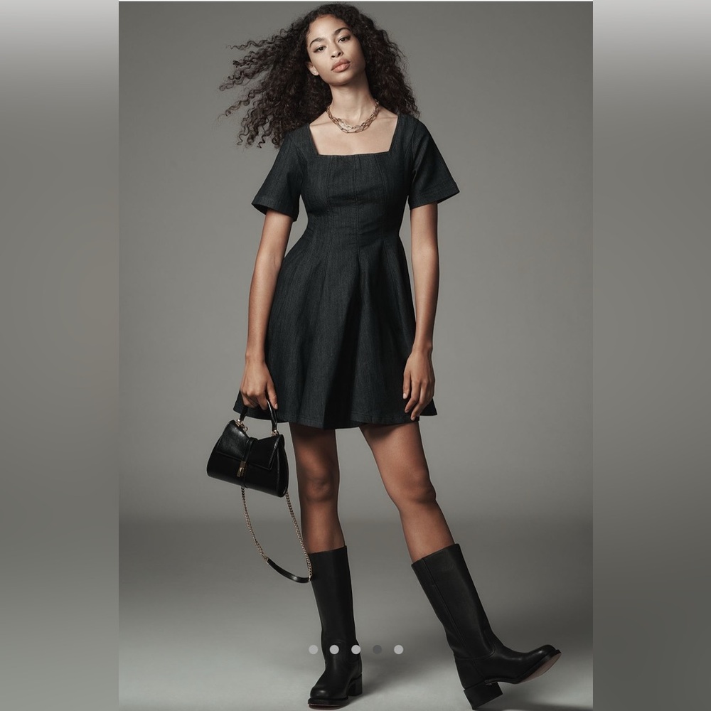 NWT Anthropologie Pilcro Short-Sleeve Square-Neck Dark Denim Mini Dress